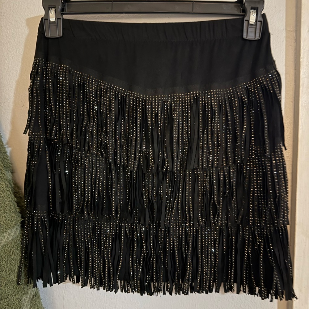 Black Fringe Mini Skirt with Stud Detail
